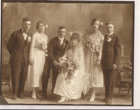 Left: Edwin Roesch, Viola Roesch (bride's cousin) - Center: Frank Karstaedt, Jr. and Amanda Karstaedt - Right: Florence Karstaedt (groom's sister), Alvin Rabe (bride's brother)